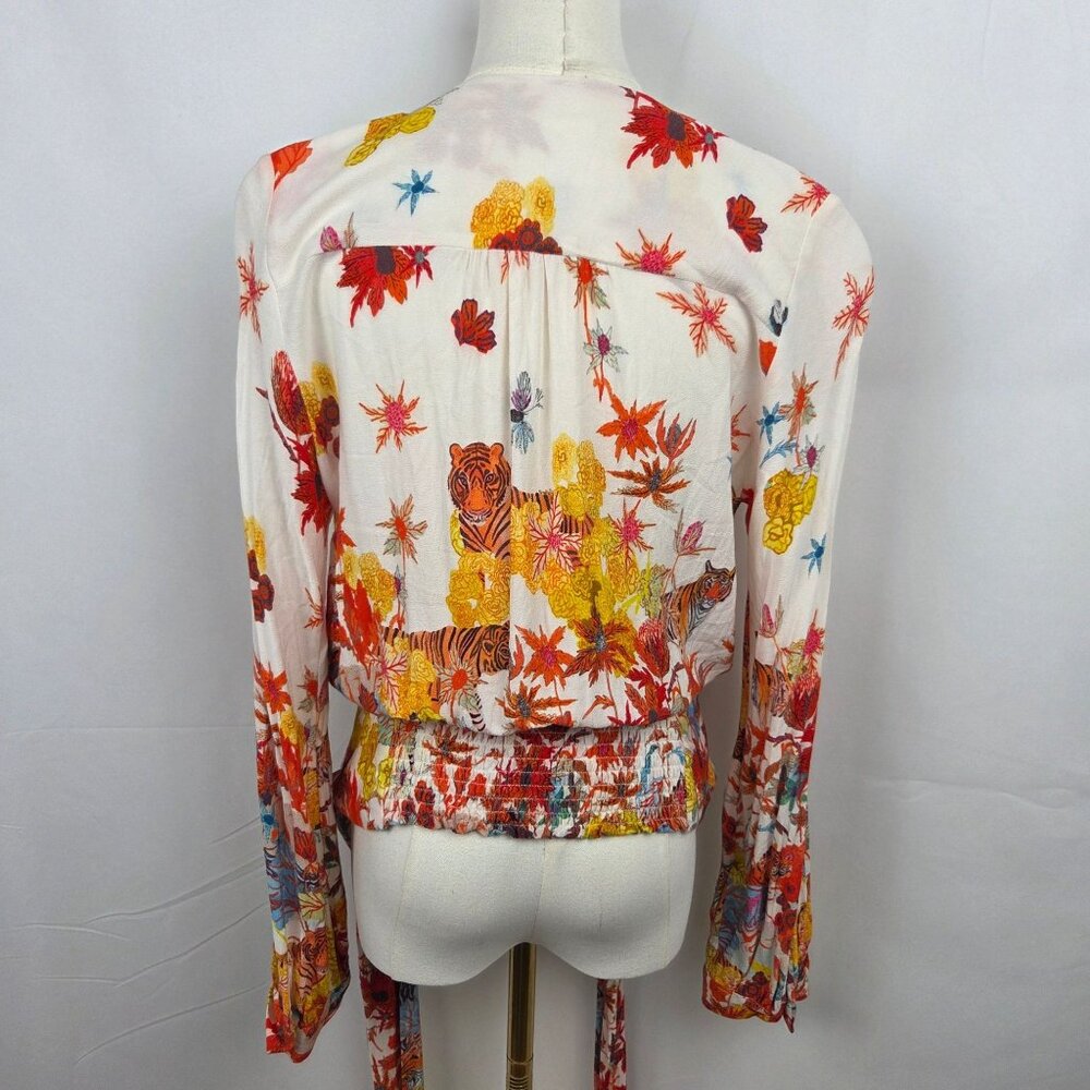 Michelle Morin For Anthropologie Blouse Sz M Floral Tiger Print Wrap Tie Waist - Picture 6 of 14